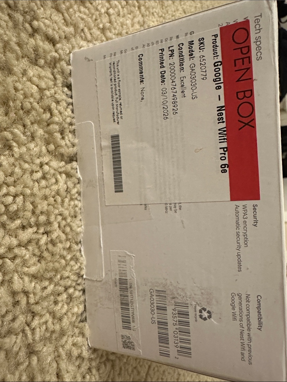 Google Nest Wifi Pro - White Mesh Router (Wi‑Fi 6E) Open Box - Picture 2 of 8